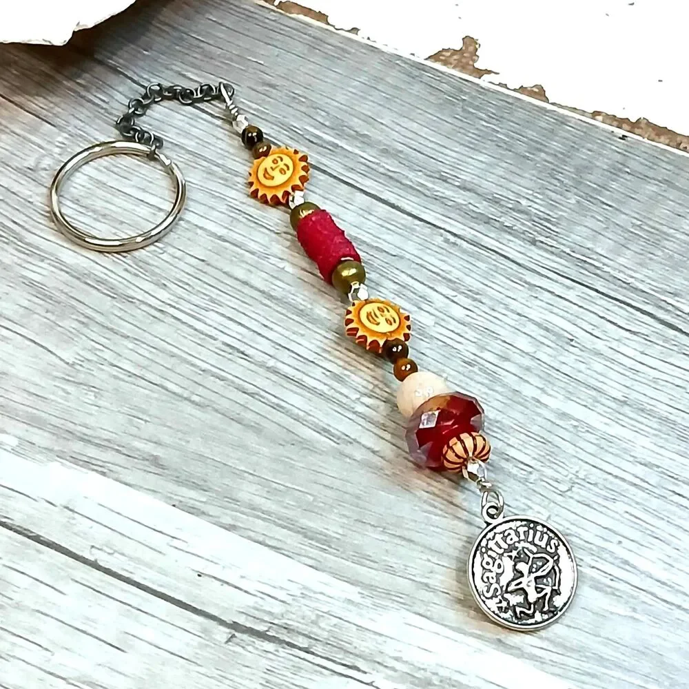 Sagittarius Beaded Key Chain, Zodiac Gemstone Crystal Bohemian